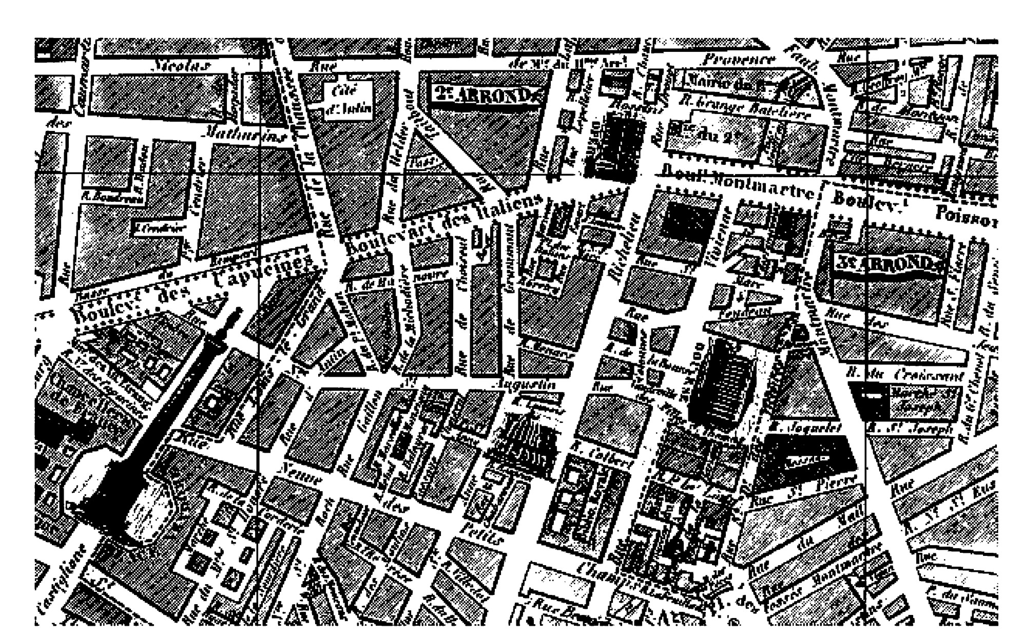 图5.1 巴黎交易所与场外市场街区。局部取自《图说巴黎及其城防》(Paris illustré et ses fortifications: Nouveau guide du promeneur aux fortifications de Paris, orné de ses plus beaux monuments,Auguste Logerot,1853)。American Geographical Society Library, University of Wisconsin–Milwaukee Libraries.